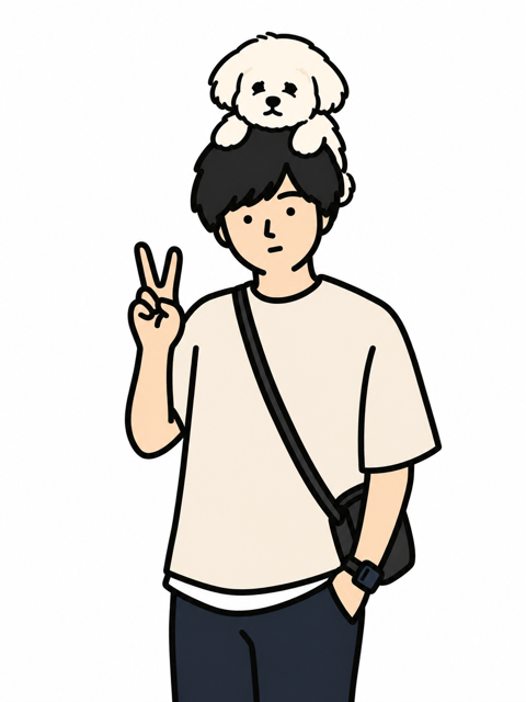 宮里 達郎と白いマルチーズのキャラクターイラスト